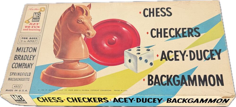 Vintage 1958 Milton Bradley Chess Checkers Backgammon Game Set 4802 Complete MB